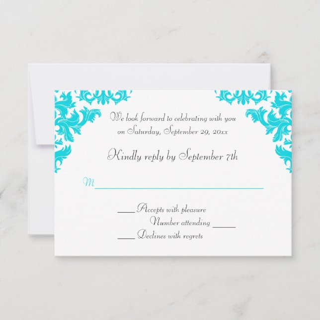 Turquoise, Black, White Damask RSVP Card (Front)