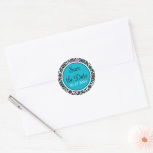 Turquoise, Black, White Damask Wedding Classic Round Sticker