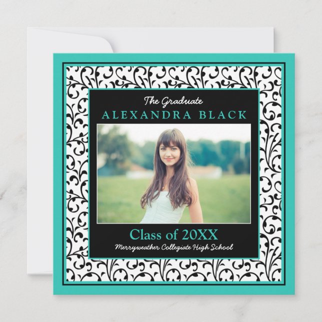 Turquoise Black White Floral Photo Graduation Invitation (Front)