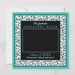 Turquoise Black White Floral Photo Graduation Invitation