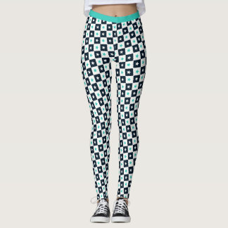 Turquoise Black White Stars Square Pattern Fitness Leggings