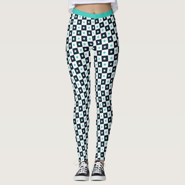 Turquoise Black White Stars Square Pattern Fitness Leggings (Front)
