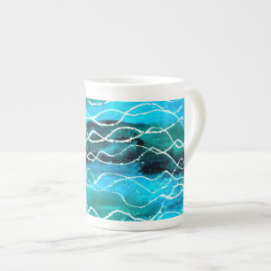Turquoise, Black, White 'Waves' Bone China Mug