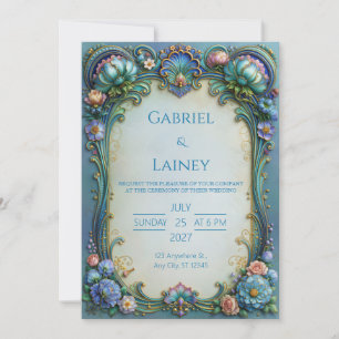 Turquoise Blossom Scroll Wedding Invitation