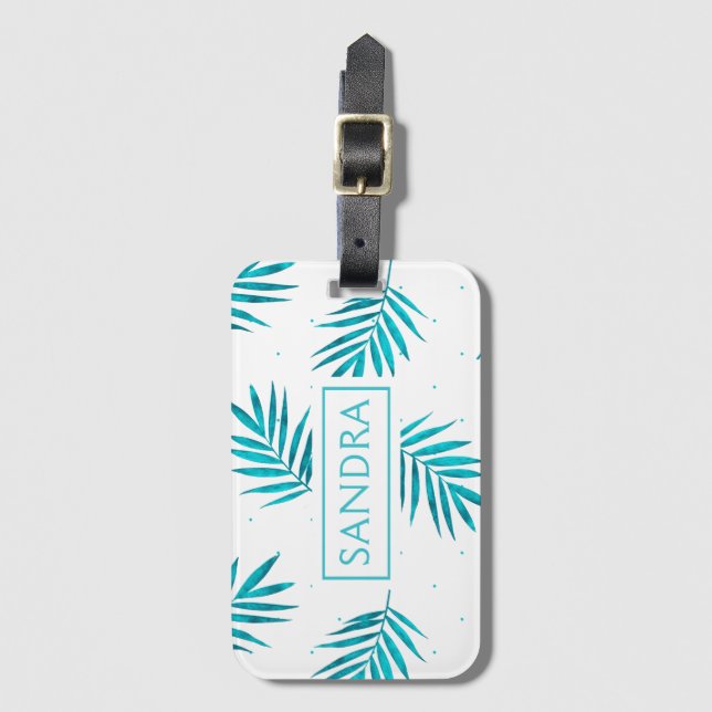 Turquoise-blu tropical palm leaves pattern luggage tag (Front Vertical)