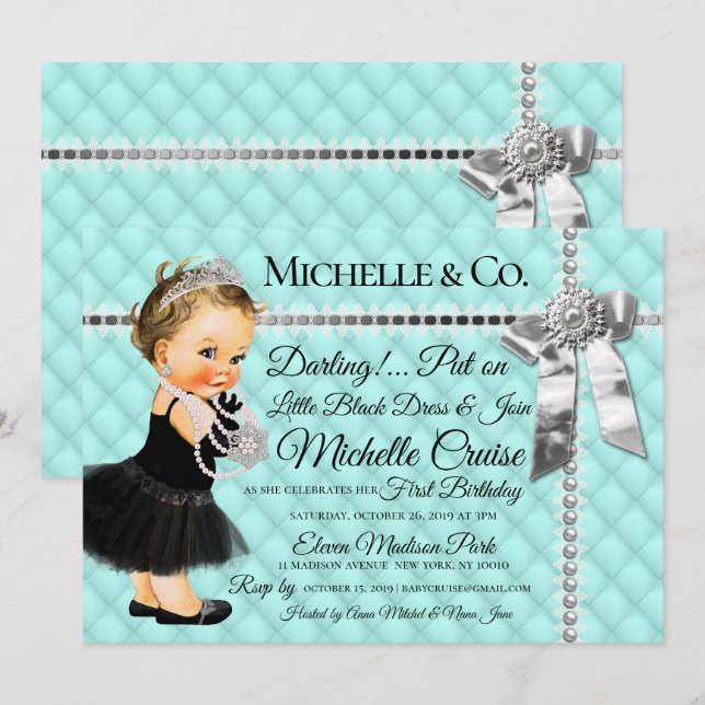 Turquoise Blue 1st Vintage Silver Ribbon Pearls Invitation (Front/Back)