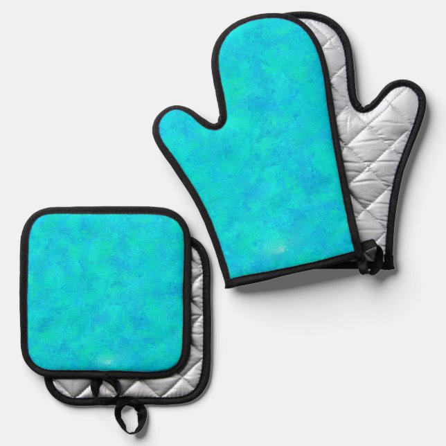 Turquoise Blue Abstract Pattern Oven Mitt & Pot Holder Set (Front/Back)