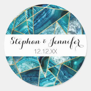 Turquoise Blue Agate Black Gold Geometric Triangle Classic Round Sticker