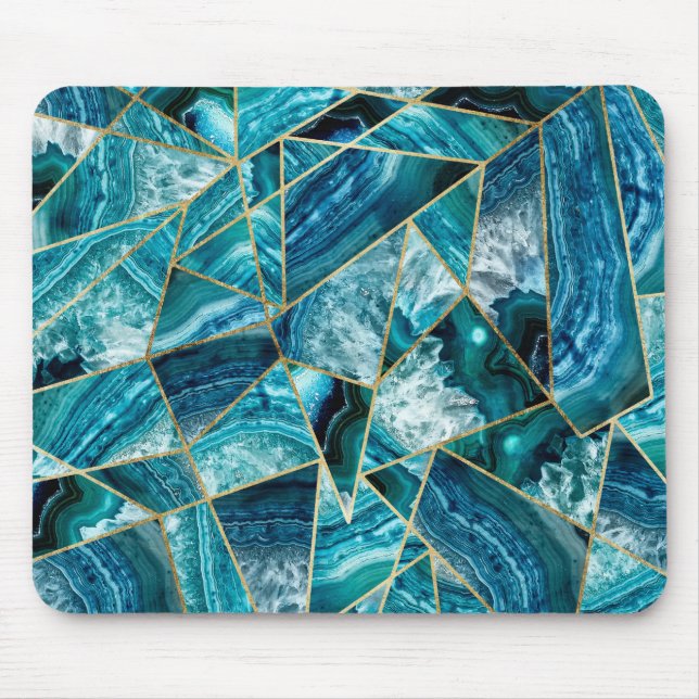 Turquoise Blue Agate Black Gold Geometric Triangle Mouse Mat (Front)