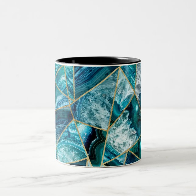 Turquoise Blue Agate Black Gold Geometric Triangle Two-Tone Coffee Mug (Center)