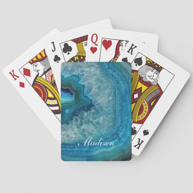 Turquoise Blue Agate Geode Monogram  Name Playing Cards (Back)