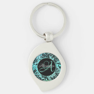 Turquoise Blue and Black Floral Monogram Key Ring
