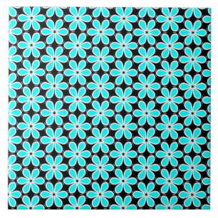 Turquoise Blue and Black Floral Pattern Tile