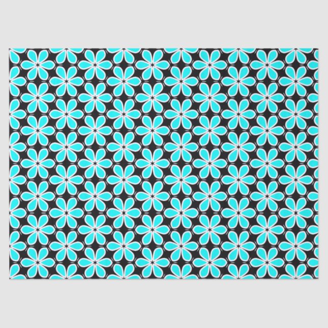 Turquoise Blue and Black Floral Pattern   Tissue Paper (Front)