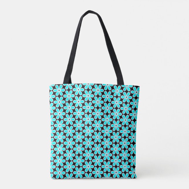 Turquoise Blue and Black Floral Pattern   Tote Bag (Back)