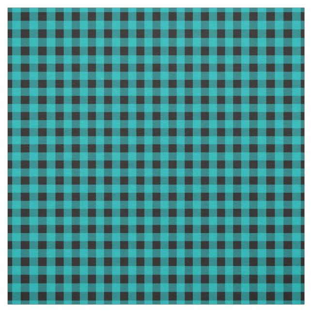 Turquoise Blue and Black Gingham Check Pattern Fabric (Swatch)