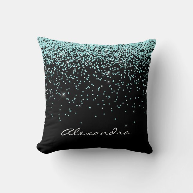Turquoise Blue and Black Glitter Sparkle Monogram Cushion (Front)