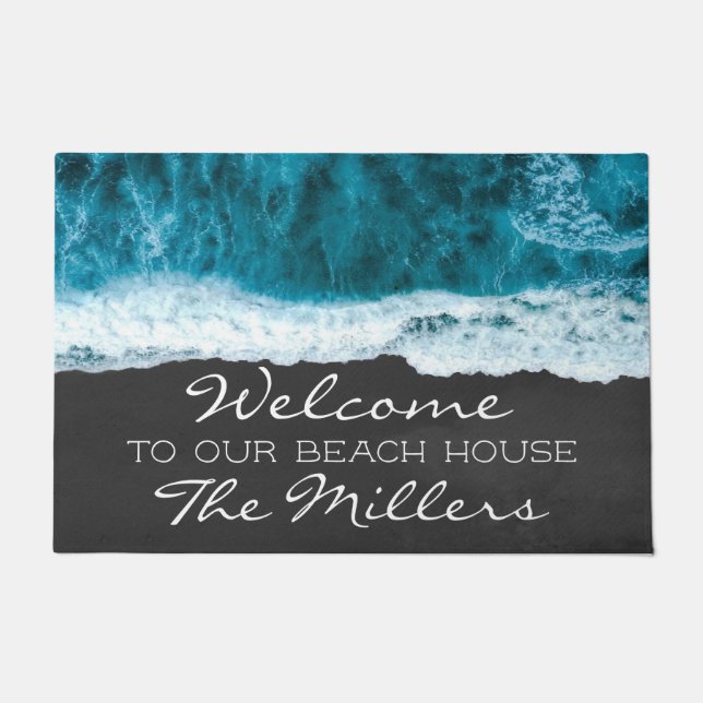 Turquoise Blue and Black Ocean Beach House Family Doormat (Front)