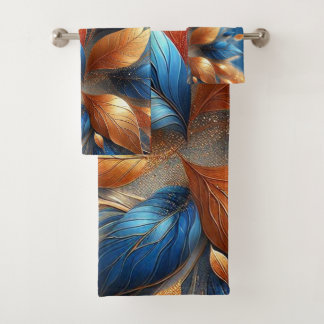 Turquoise Blue and Copper Leaves Abstrac Towel Set