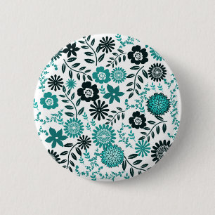 Turquoise blue and dark olive green pattern floral 6 cm round badge