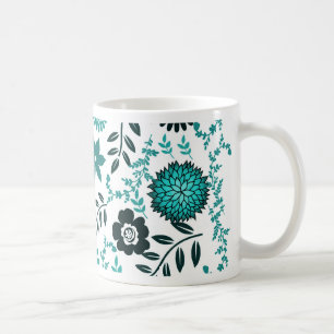 Turquoise blue and dark olive green pattern floral coffee mug