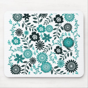 Turquoise blue and dark olive green pattern floral mouse mat
