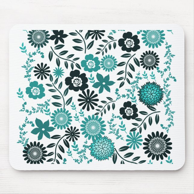 Turquoise blue and dark olive green pattern floral mouse mat (Front)