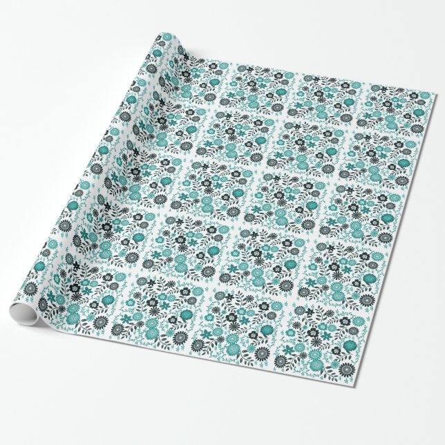 Turquoise blue and dark olive green pattern floral wrapping paper (Unrolled)