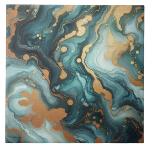 Turquoise Blue and Gold Alcohol Ink Tile