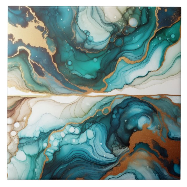 Turquoise Blue and Gold Alcohol Ink Tile (Front)