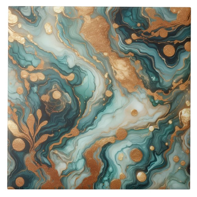 Turquoise Blue and Gold Alcohol Ink Tile (Front)