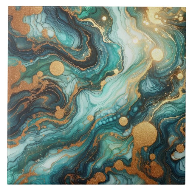 Turquoise Blue and Gold Alcohol Ink Tile (Front)