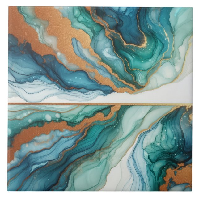 Turquoise Blue and Gold Alcohol Ink Tile (Front)