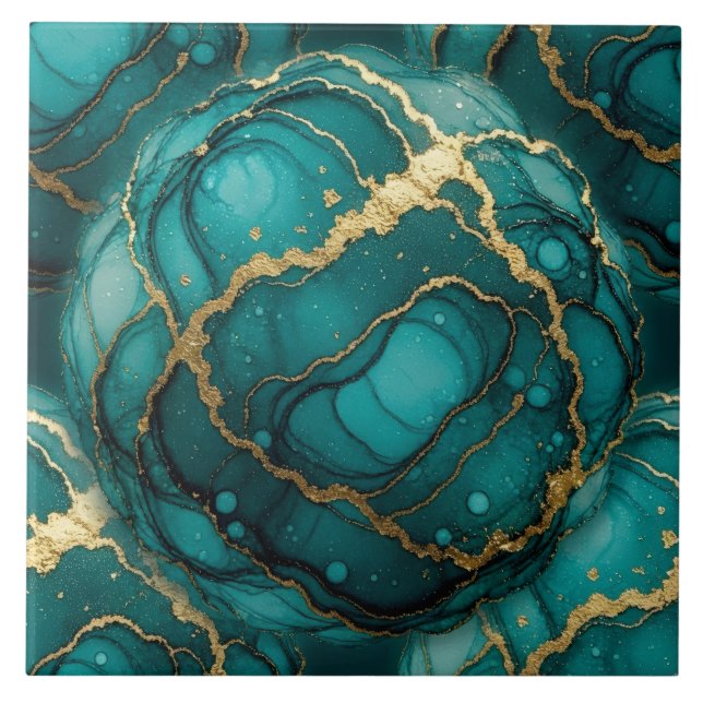 Turquoise Blue and Gold Alcohol Ink Tile (Front)