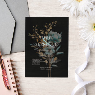Turquoise Blue and Gold Colour Floral Wedding Vellum Invitations
