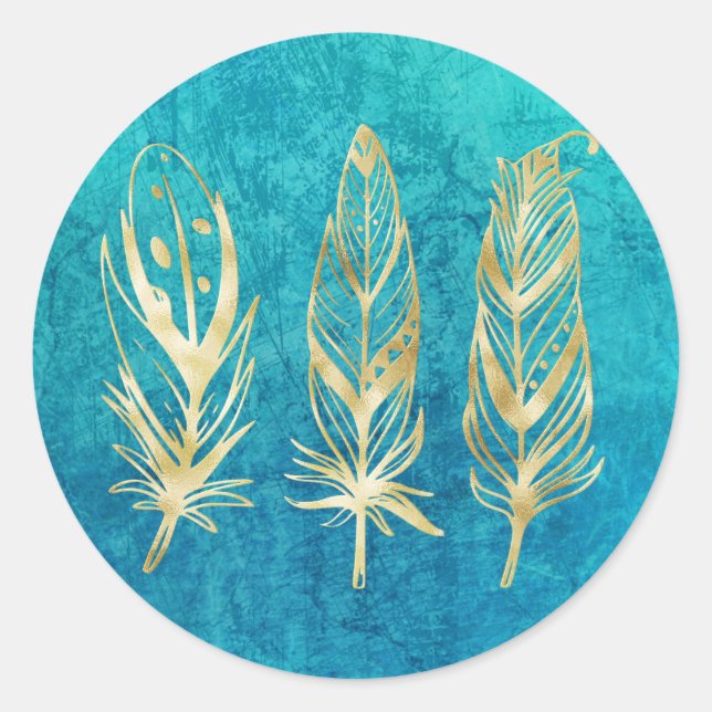 Turquoise Blue and Gold Feathers Classic Round Sticker (Front)