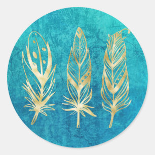 Turquoise Blue and Gold Feathers Classic Round Sticker