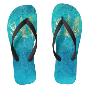 Turquoise Blue and Gold Feathers Flip Flops