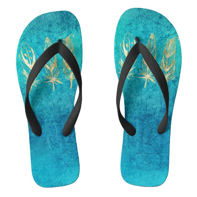 Turquoise Blue and Gold Feathers Flip Flops (Footbed)