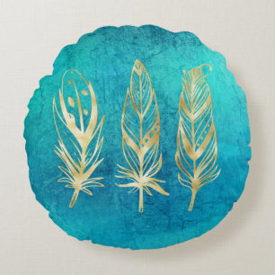 Turquoise Blue and Gold Feathers Round Cushion