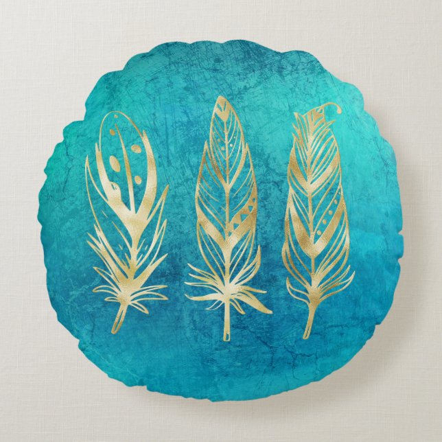 Turquoise Blue and Gold Feathers Round Cushion (Front)