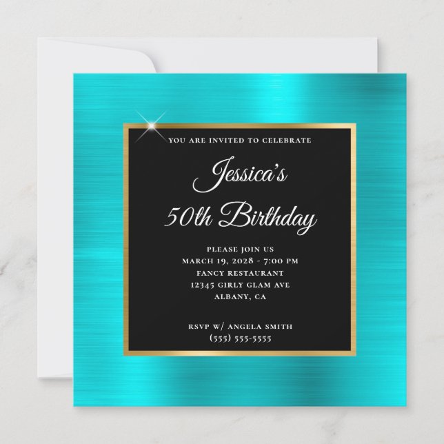 Turquoise Blue and Gold Foil Black 50th Birthday Invitation (Front)