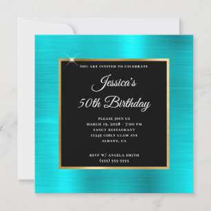 Turquoise Blue and Gold Foil Black 50th Birthday Invitation