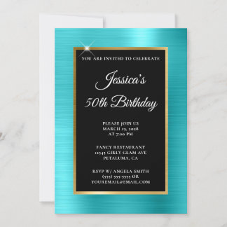 Turquoise Blue and Gold Foil Black 50th Birthday Invitation