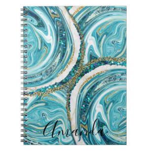 Turquoise Blue And Gold Marble Abstract Monogram Notebook