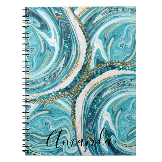 Turquoise Blue And Gold Marble Abstract Monogram Notebook (Front)