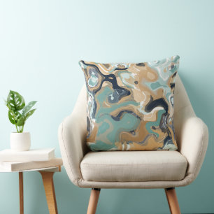 Turquoise, blue and gold Swirled marble Cushion