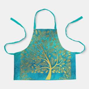 Turquoise Blue and Gold Tree Apron
