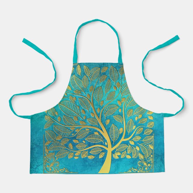 Turquoise Blue and Gold Tree  Apron (Front)