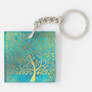 Turquoise Blue and Gold Tree Of Life Key Ring